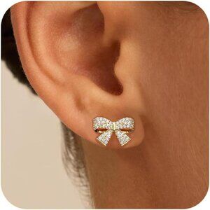Elegant Gold Cubic Zirconia Bow Stud Earrings for Women, 14mm Charming Gift